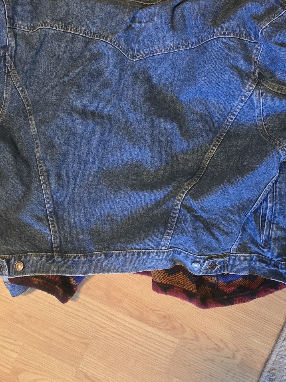Vintage International Denim Jacket Leather Collar Southwestern Blanket Lined